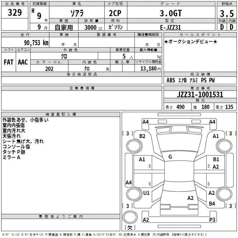 Toyota Soarer 3.0GT · 1997 – Auktionsblatt (Auktionsfoto)