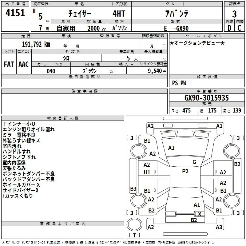Toyota Chaser AVANTE · 1993 – Auktionsblatt (Auktionsfoto)