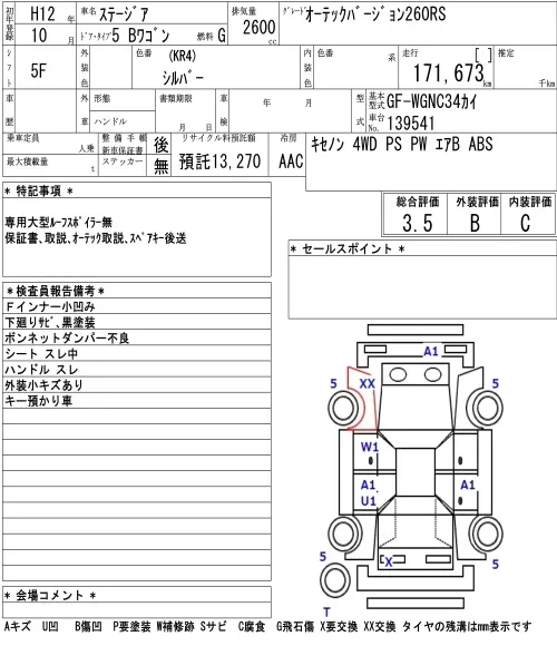 Nissan Stagea "AUTECH" VERSION 260RS · 2000 – Auktionsblatt (Auktionsfoto)