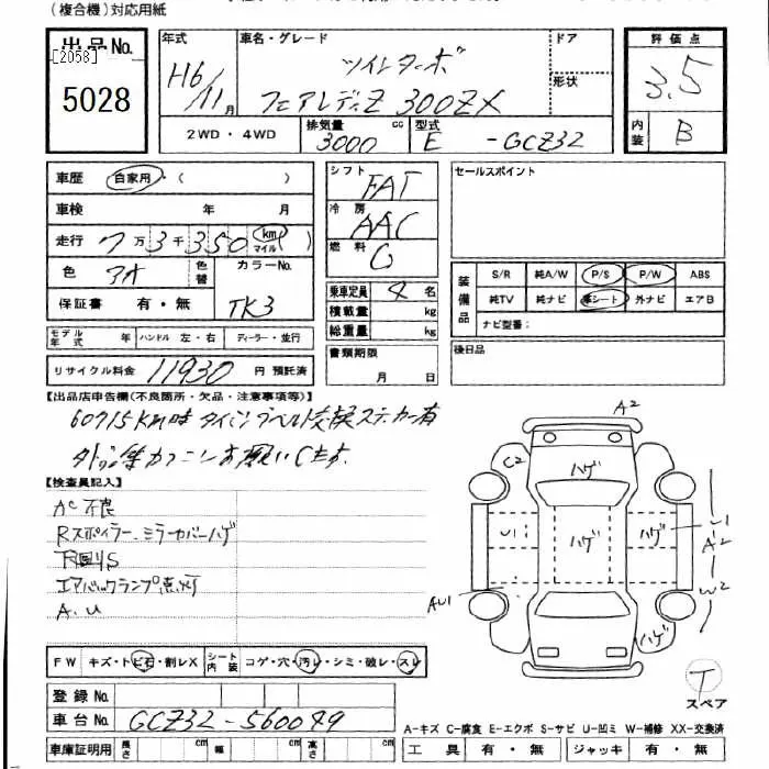 Nissan Fairlady Z 300ZX TWIN TURBO · 1994 – Auktionsblatt (Auktionsfoto)