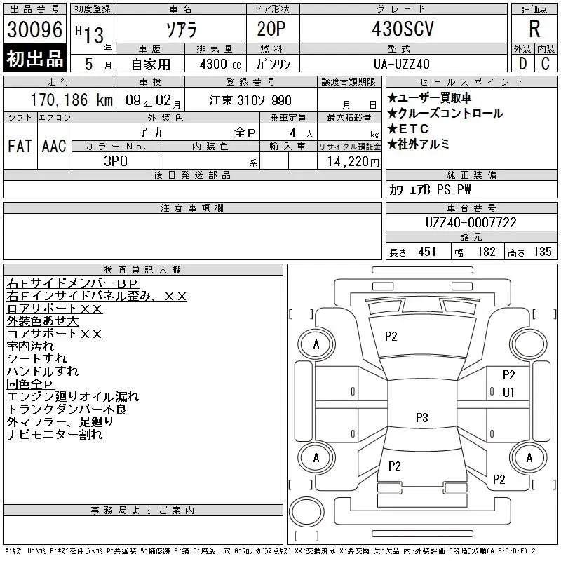 Toyota Soarer 430SCV · 2001 – Auktionsblatt (Auktionsfoto)