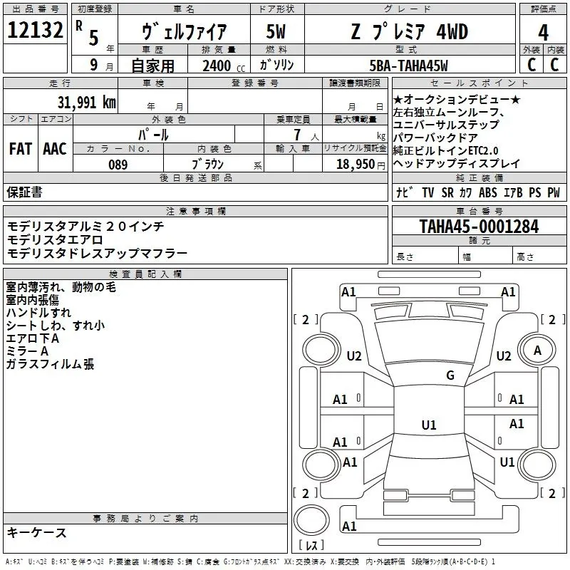 Toyota Vellfire Z PREMIUM 4WD · 2023 – Auktionsblatt (Auktionsfoto)