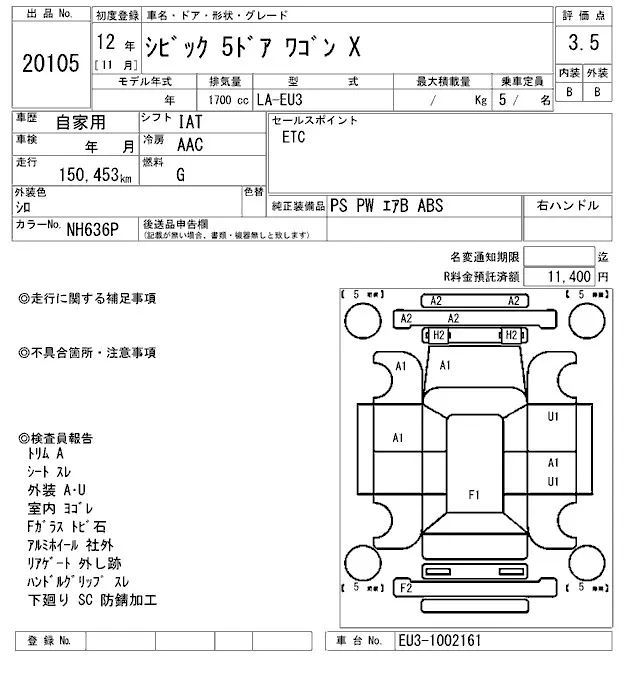 Honda Civic WAGON · 2000 – Auktionsblatt (Auktionsfoto)