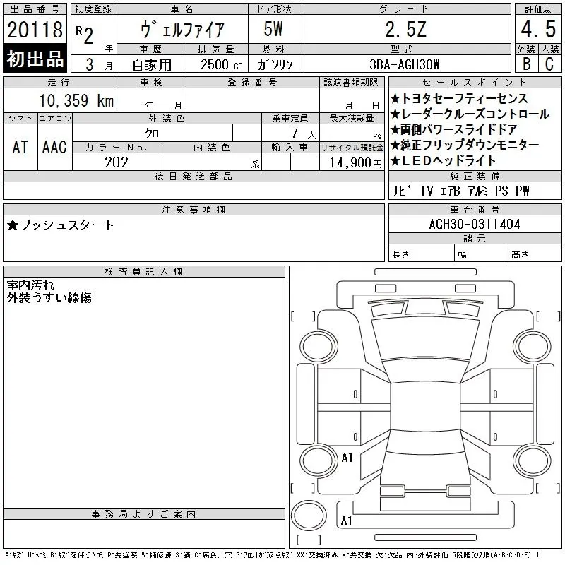 Toyota Vellfire 2.5Z · 2020 – Auktionsblatt (Auktionsfoto)