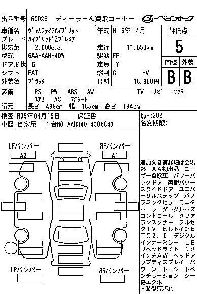 Toyota Vellfire HYBRID Z PREMIUM · 2024 – Auktionsblatt (Auktionsfoto)