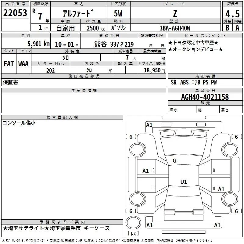 Toyota Alphard Z · 2025 – Auktionsblatt (Auktionsfoto)