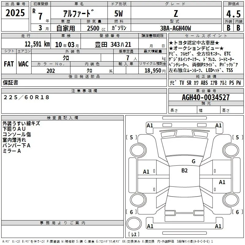 Toyota Alphard Z · 2025 – Auktionsblatt (Auktionsfoto)