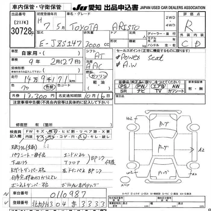 Toyota Aristo  · 1995 – Auktionsblatt (Auktionsfoto)