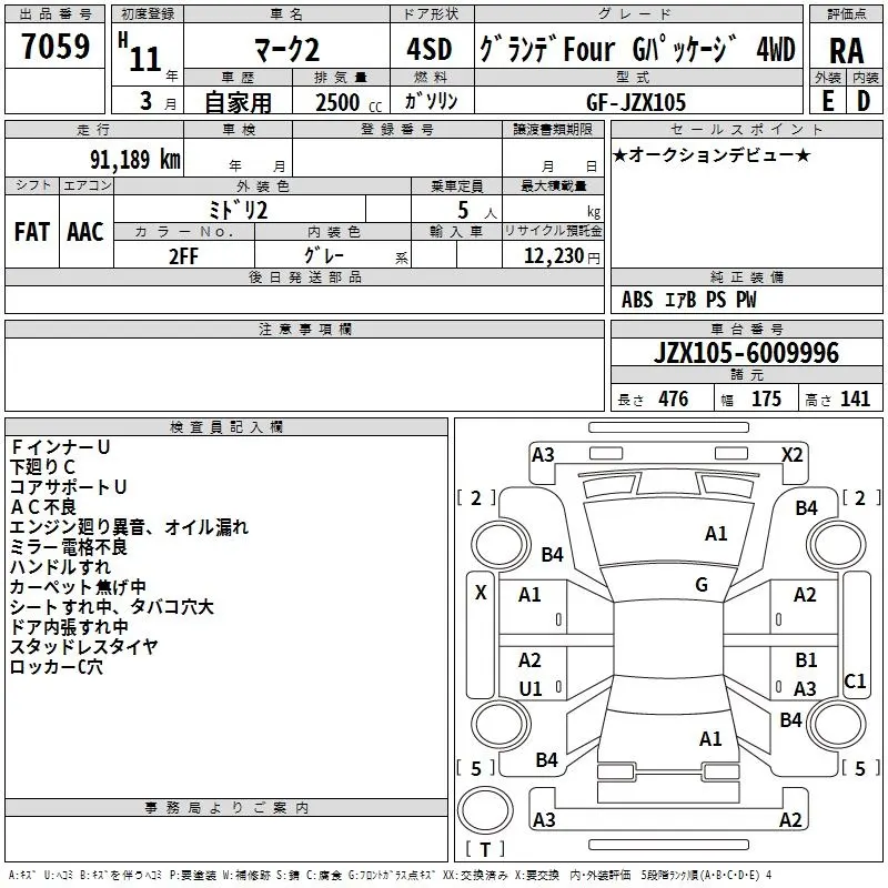 Toyota Mark II GRANDE FOUR G PACK 4WD · 1999 – Auktionsblatt (Auktionsfoto)