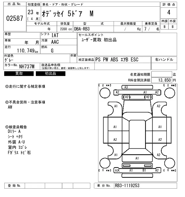 Honda Odyssey M · 2011 – Auktionsblatt (Auktionsfoto)