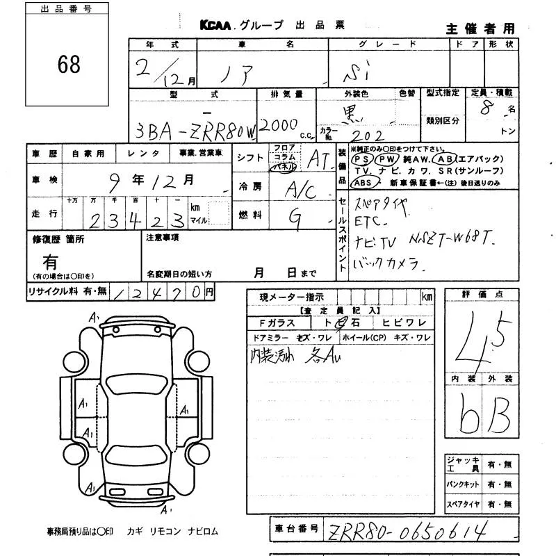 Toyota Noah Si  обзор комплектаций · 2020 – Auktionsblatt (Auktionsfoto)