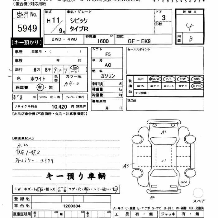 Honda CIVIC TYPE R · 1999 – Auktionsblatt (Auktionsfoto)