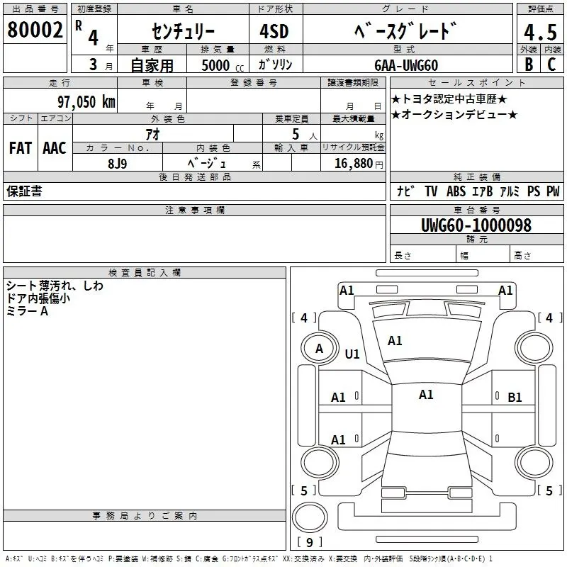 Toyota CENTURY BASE GRADE · 2022 – Auktionsblatt (Auktionsfoto)
