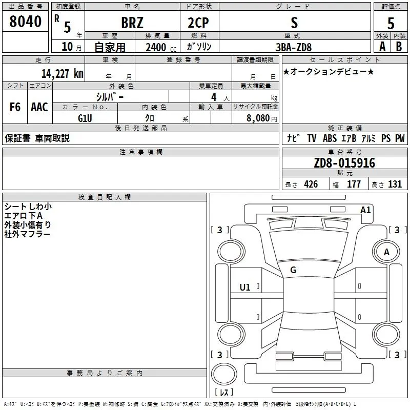 Subaru BRZ S · 2023 – Auktionsblatt (Auktionsfoto)