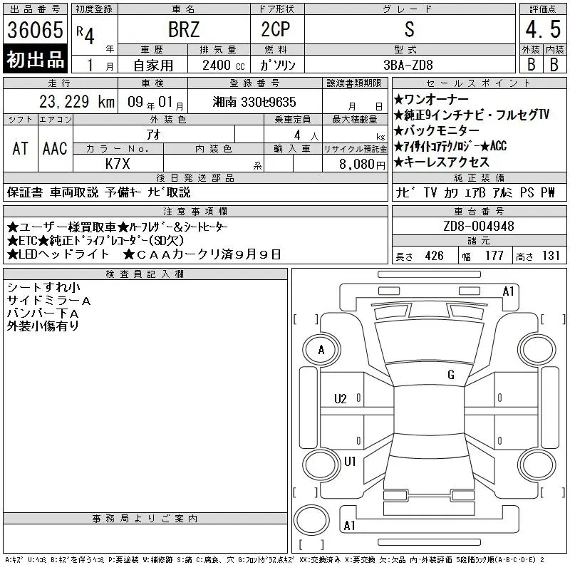 Subaru BRZ S · 2022 – Auktionsblatt (Auktionsfoto)