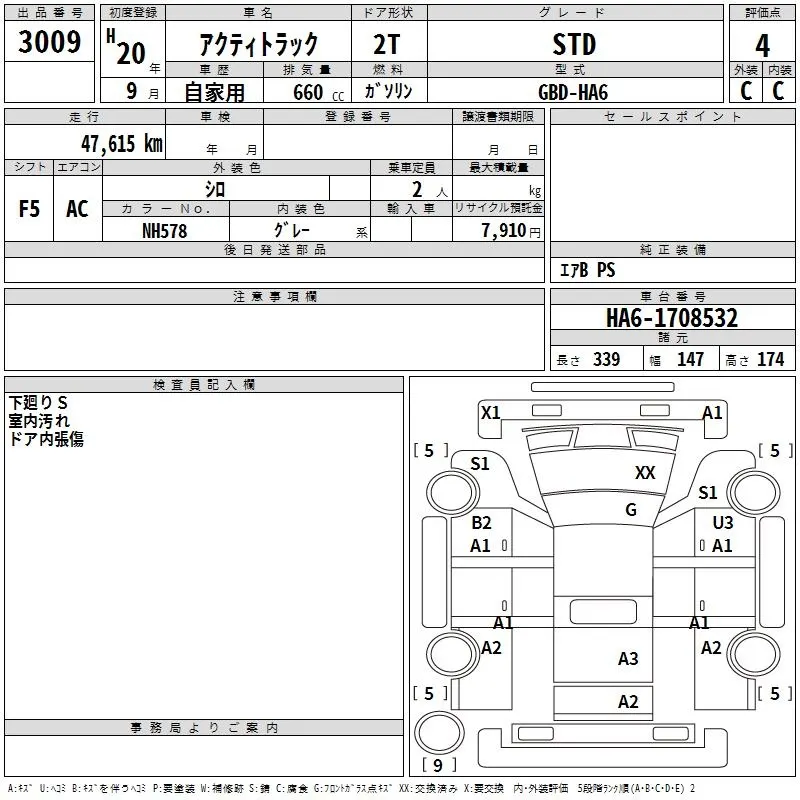 Honda ACTY TRUCK STD · 2008 – Auktionsblatt (Auktionsfoto)