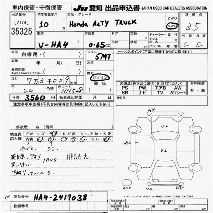 Honda ACTY TRUCK 4WD · 1998 – Auktionsblatt (Auktionsfoto)