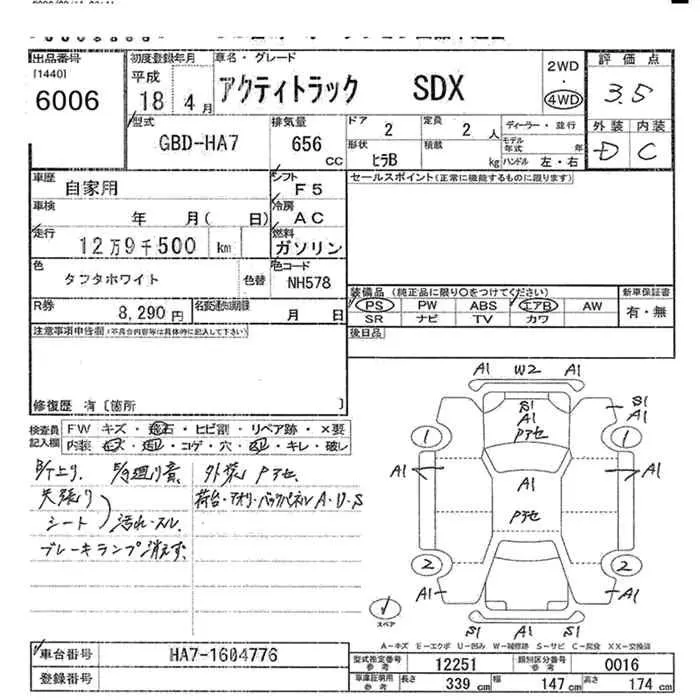 Honda ACTY TRUCK SDX 4WD · 2006 – Auktionsblatt (Auktionsfoto)